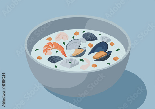 Illustration of Seafood Chowder in Bowl on a Table with a Plain Background