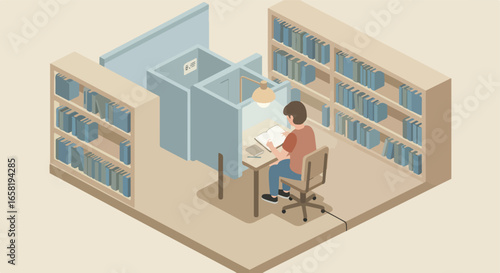 Isometric view of study area person reading, bookshelves in background, for learning use