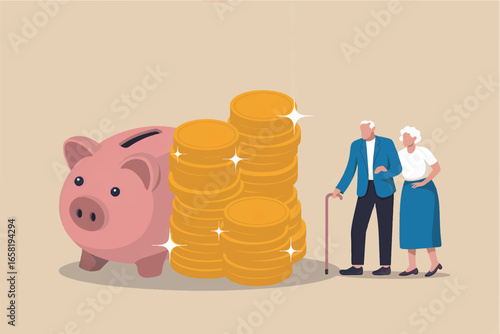 Senior couple saving money for retirement with piggy bank and stack of gold coins symbolizing financial security and future planning.