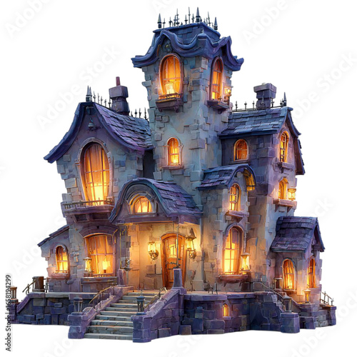 Spooky Mansion Whimsical Haunted House with Warm Light Against Night Sky.