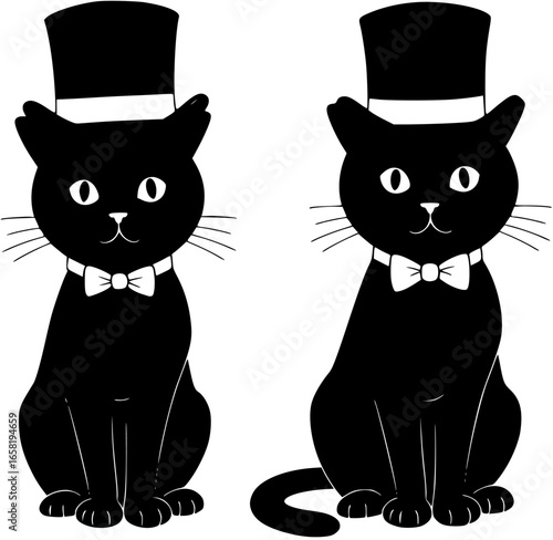 Cartoon Black Cat with Top Hat and Bow Tie Sitting Upright.
