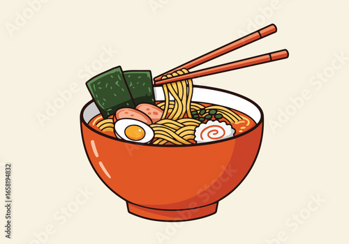 Noodles lifted with chopsticks from cartoon bowl of ramen with egg and seaweed