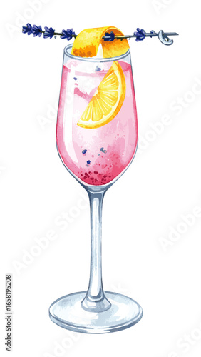 Watercolor Illustration of Lavender French 75 Cocktail