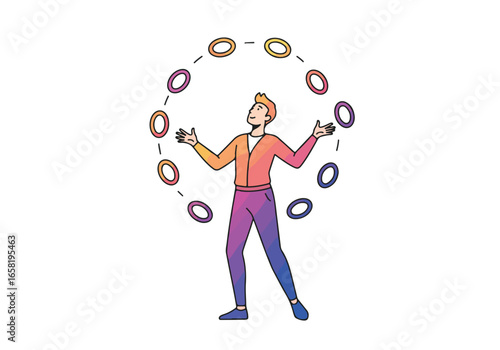 Cartoon man juggling rings on white background for time management, job skills