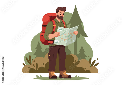 Hiker with pack reads map in wilderness with trees behind him for blog