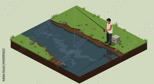 Isometric fisherman casts rod at river edge; trees and rocks in background