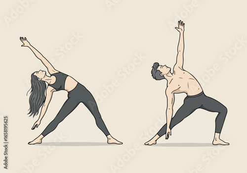 People doing Triangle Yoga Pose on plain background for fitness usage