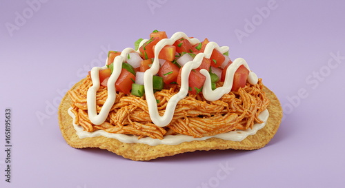 Delicious Chicken Tostada with Fresh Toppings on Purple Background