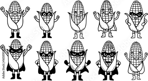 Cartoon Corn Superhero with Cape and Boots Black and White Logo.
