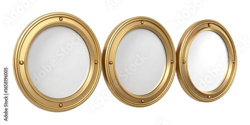 3D Three Golden Portholes Arranged in a Row Casting Light Against a Dark Backdrop Creating a Sense of Maritime Adventure and Discovery