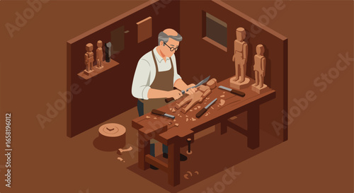 Isometric Artisan Carving Wood Figure in Workshop with Statues on Shelf