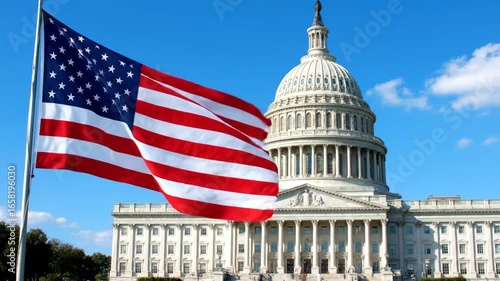 Wallpaper Mural American Flag Waving at the US Capitol - The American flag waves proudly in the foreground, with the majestic US Capitol building in the background under a bright blue sky. Torontodigital.ca