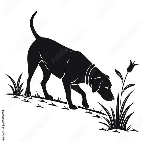 Hunting Dog Silhouette with Grass and Flower