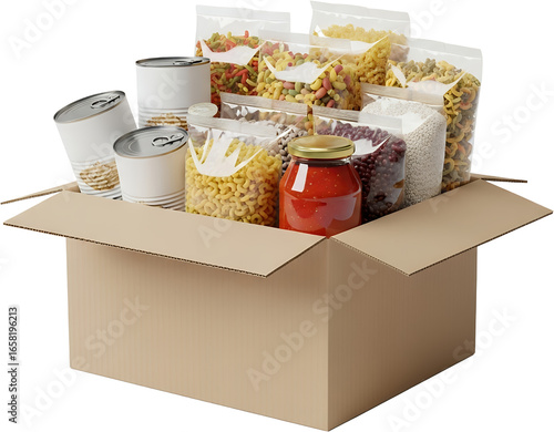 Cardboard box filled with assorted food items including canned goods pasta beans and sauce isolate grocery