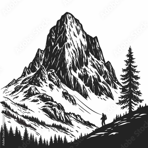 Monochrome illustration of a majestic mountain with a hiker, symbolizing adventure and the grandeur of the wilderness.