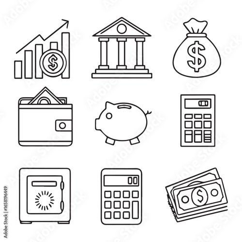 Stock image set of real estate and finance icons with house, money, and dog symbols for web design