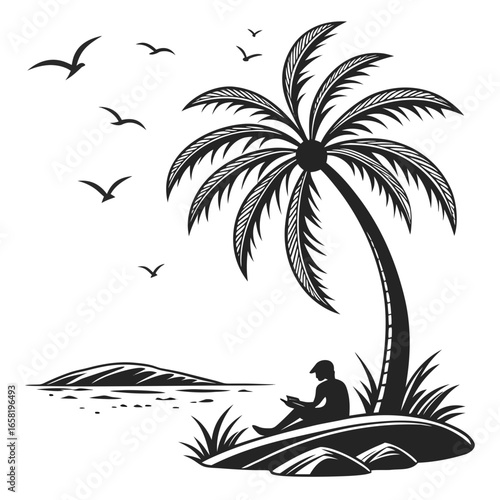 Silhouette of a Person Reading Under a Palm Tree with Birds Flying