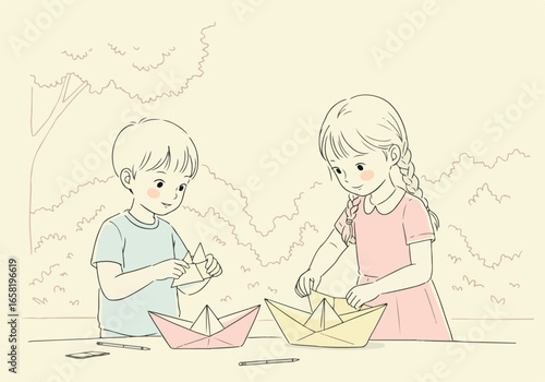 Children crafting paper boats outside with sketched foliage background for ads