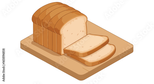 Sliced bread loaf on board. White background. For food, recipes, nutrition