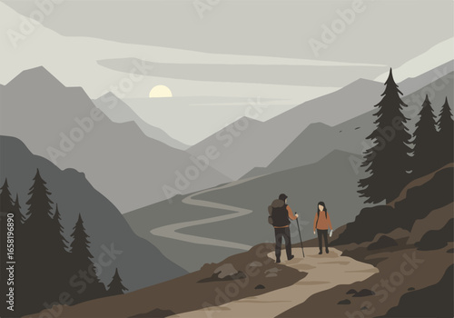 Couple Hiking on a Trail in the Mountains during Sunrise for Travel or Adventure