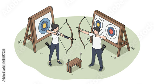 Man and woman archery in the field training with target background