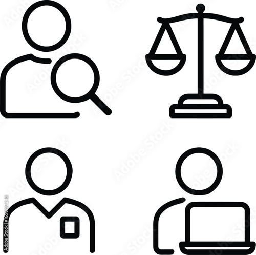 Profession and Activity Icon Set Featuring Investigator, Justice Scale, Medical Worker, and Tech Professional — Black Line Vector Illustrations Representing Career Roles and Functional Domains