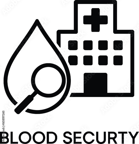 Blood Security Icon Featuring Blood Drop with Magnifying Glass and Hospital Building — Black and White Vector Graphic Representing Medical Safety, Blood Screening, and Healthcare Infrastructure