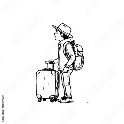 Drawing of a young traveler with suitcase and backpack ready for adventures and explorations to travel