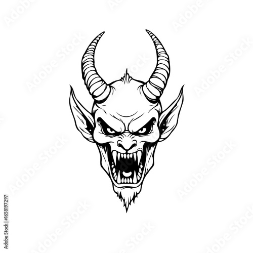 Evil demon head vector illustration showcasing sharp fangs horns and intimidating expression perfect for halloween themed designs
