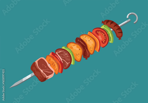 Meat shish kebab vector illustration, on a blue background, for menu or blog use