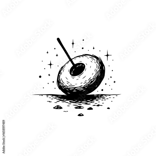 Stylized dessert illustration shows a donut on the ground with a spoon near stars, a playful artwork