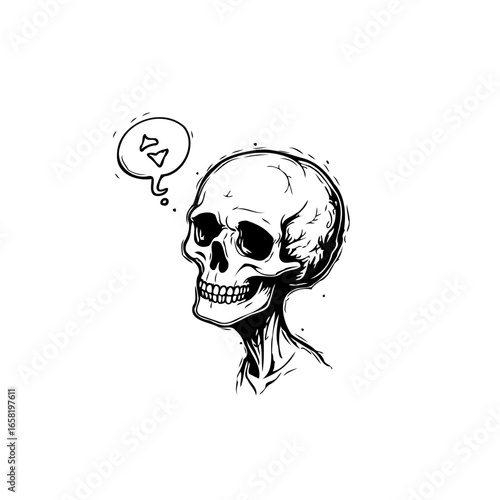Monochrome skull with thought bubble illustration pondering about bone fragments over a plain background sketched