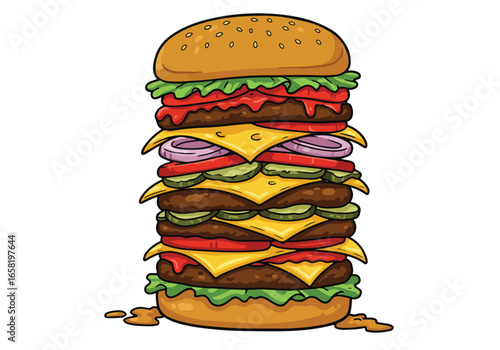 Cartoon of an extra big burger made for a food promo on white background