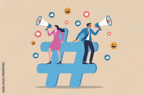 Digital marketing experts use megaphones on giant hashtag promoting social media engagement and online communication