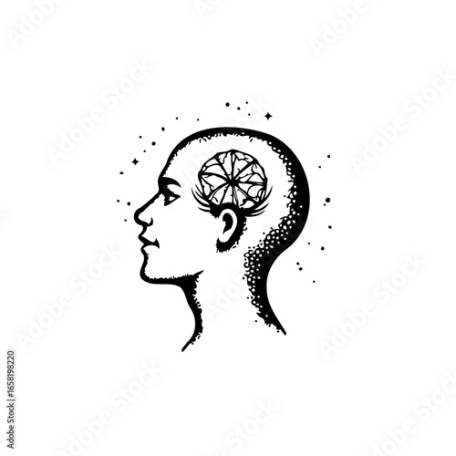 Illustration depicting human head reveals intricate mind representing cognitive processes, ideas and consciousness, cosmic exploration