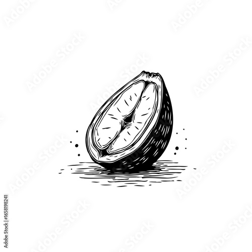 Detailed monochrome sketch of a sliced avocado representing healthy food and dieting concept