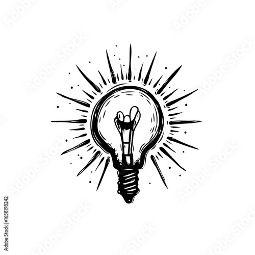 Conceptual illustration featuring an illuminated lightbulb radiating energy represents innovation creativity inspiration intellectual solutions and brilliance