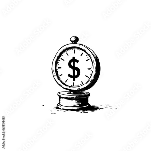 Time is money sketch illustrating investment returns and financial savings representing lucrative opportunity, with a dollar symbol placed instead of clock hands