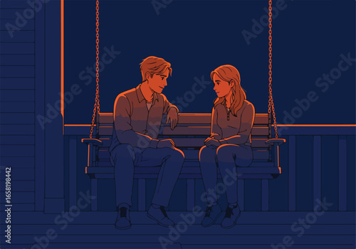Couple Talking on a Porch Swing at Night, with Dark Sky Background. Use Graphic novel