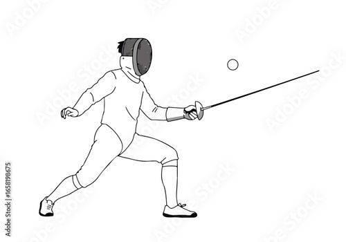 Drawing of fencer thrusting on a white background with blank background objects