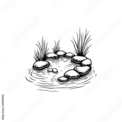 Serene stone oasis hand drawn ink sketch tranquil pool natural design minimalist aesthetic elegant simplicity creating nature themed artwork