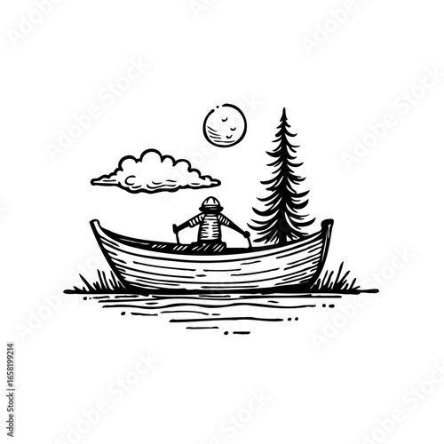 A tranquil escape illustrated the serenity of a lone rower amidst nature's beauty under a watchful moonlit sky