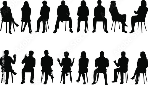 Silhouettes of diverse people sitting on chairs, engaging in conversation, ideal for business meetings, teamwork, social interaction, and design projects.