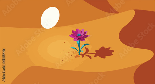 Desert flower blooms, shines in arid landscape under desert sun. For nature blog