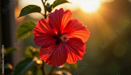 Colorful hibiscus flower blooms gracefully against the backdrop of a warm sunset, inviting a sense of tranquility as it inspires thoughts of tea and relaxation Generative AI