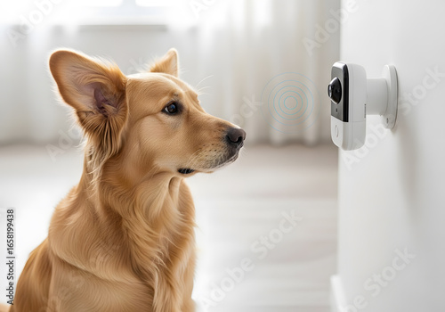 Golden retriever dog sitting on the floor looking at a smart home camera for pet monitoring