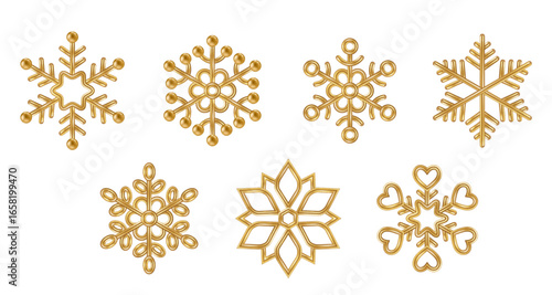 3d Gold Snowflakes Set. Bronze realistic Merry Christmas decoration isolated on white background. Golden Xmas icon. Vector illustration. Snow flake shape bauble, New Year winter symbol