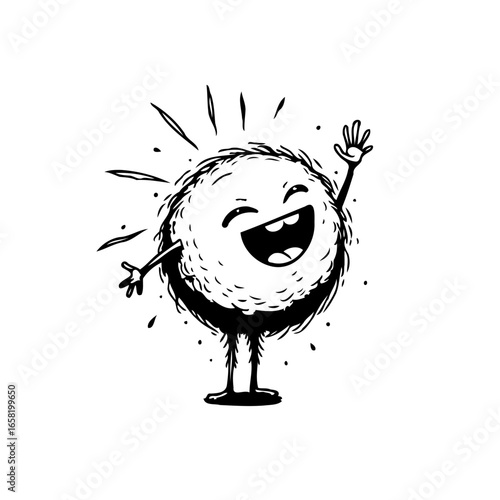 Cheerful cartoon fluff ball character waving hand, a happy and friendly mascot design artwork, perfect for illustrations