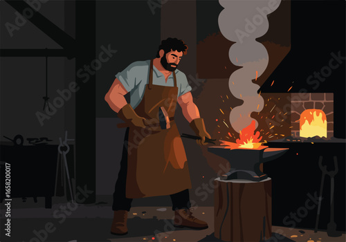 Blacksmith shapes hot metal on anvil in dark forge, furnace glows in background