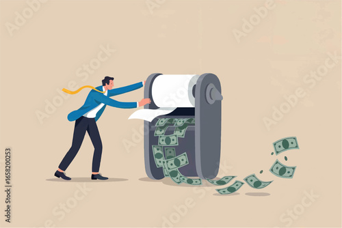 Businessman feeding large money bills into a shredder symbolizing financial destruction debt or wasteful spending concept